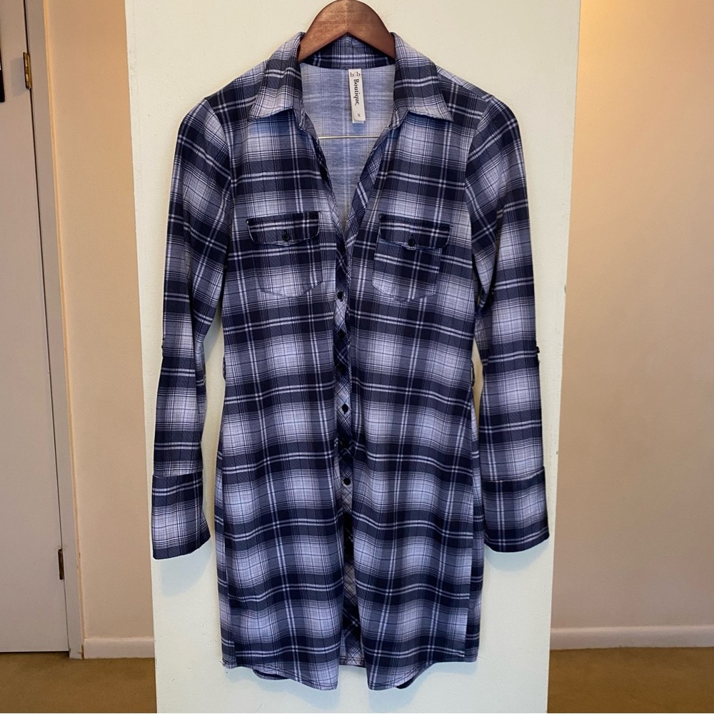 B&B Boutique Black Gray Plaid Collared Long Sleeve Tunic Dress Womens Small